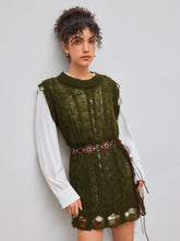 Wool-blend Cable Knit Round Neckline Ripped Long Vest