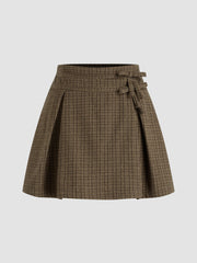 Jacquard Mid Rise Gingham Bowknot Pleated Mini Skirt
