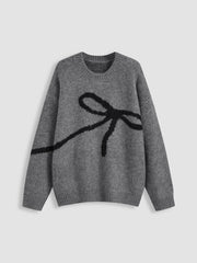 Knit Round Neckline Bowknot Oversized Sweater