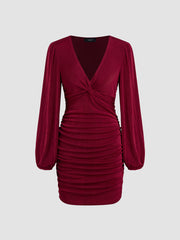 V-neck Twisted Ruched Mini Dress