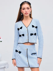 Knit V-neck Contrasting Binding Bowknot Crop Top
