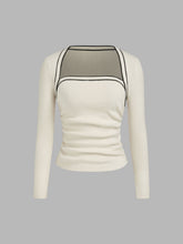 Knit Square Neck Solid Contrasting Binding Ruched Long Sleeve Top