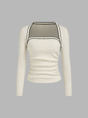 Knit Square Neck Solid Contrasting Binding Ruched Long Sleeve Top