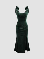 Velvet Sweetheart Neckline Split Ruched Knotted Maxi Dress