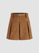 Suede Mid Rise Pleated Mini Skirt With Belt