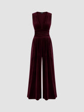 Velvet V-neck Solid Pocket Ruched Wide Leg Jumpsuit