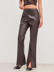 Faux Leather Low Rise Solid Split Flared Trousers