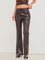 Faux Leather Low Rise Solid Split Flared Trousers