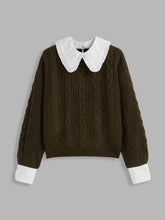 Babydoll Collar Cable Knit Faux Two-Piece Long Sleeve Sweater