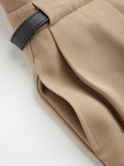 Mid Rise Solid Pleated Pocket Wide Leg Trousers With Belt