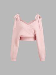 Knit V-neck Bow Wrap Oversized Crop Sweater