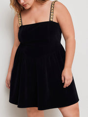 Velvet Solid Ruffle Rhinestone Shoulder Straps Mini Dress Curve & Plus