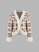 Knit V-neck Print Oversized Cardigan With Faux Fur Trim