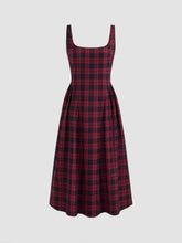 Square Neck Check Pleated Zipper Maxi Dress