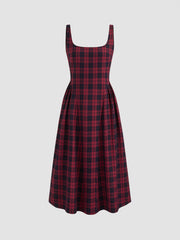Square Neck Check Pleated Zipper Maxi Dress
