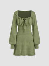 Knit Square Neck Knotted Puff Sleeve Mini Dress