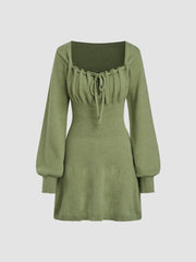Knit Square Neck Knotted Puff Sleeve Mini Dress