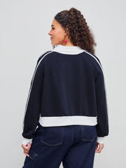 Terry High Neck Solid Contrasting Binding Zipper Sweatshirt Curve & Plus