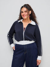 Terry High Neck Solid Contrasting Binding Zipper Sweatshirt Curve & Plus