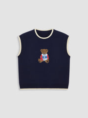Knit Round Neckline Bear Contrasting Binding Vest Curve & Plus
