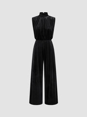 Velvet High Neck Ruched Zipper Wide Leg Jumpsuit