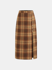 Wool-look High Rise Plaid Split Maxi Skirt