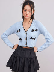 Knit V-neck Contrasting Binding Bowknot Crop Top