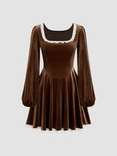 Velvet Scoop Neckline Lace Trim Ruffle Mini Dress