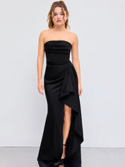 Woven Strapless Solid Ruched Maxi Dress