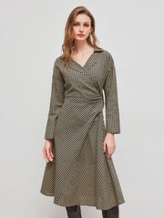 Cotton-blend Collar Gingham Bowknot Midi Dress