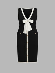 Knit V-neck Contrasting Binding Bowknot Midi Dress Curve & Plus