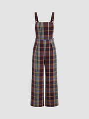 Tweed Plaid Button Up Wide Leg Jumpsuit