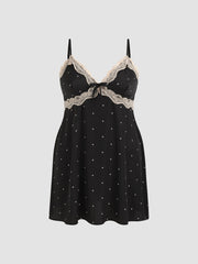 Satin V-neck Spot Lace Trim Nightdress Curve & Plus