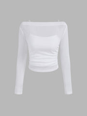 Boat Neck Long Sleeve Two-piece Top & Mid Rise Solid Pocket Straight Leg Trousers