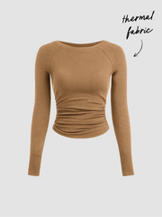 Thermal Cotton-blend Boat Neck Solid Ruched Long Sleeve Tee