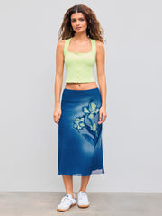 Mesh Mid Rise Floral Maxi Skirt