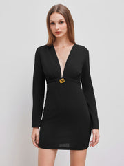 Deep V-neck Solid Shirred Mini Dress