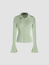 Solid Collar Button Up Bell Sleeve Blouse
