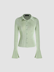 Solid Collar Button Up Bell Sleeve Blouse
