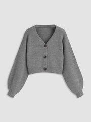 Knit V-neck Solid Button Crop Cardigan