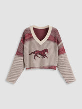 Knitted V-neck Horse Stripe Long Sleeve Sweater