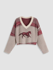 Knitted V-neck Horse Stripe Long Sleeve Sweater