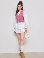 Tweed V-neck Cropped Blazer Vest With Contrasting Binding