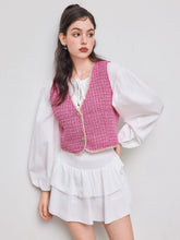 Tweed V-neck Cropped Blazer Vest With Contrasting Binding