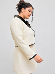 Tweed Collar Contrasting Binding Knotted Pocket Crop Top Curve & Plus