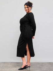Round Neckline Solid Knotted Midi Dress Curve & Plus