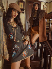Wool-look V-neck Oil Painting Applique Mini Dress