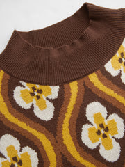 Knit High Neck Geometric Floral Sweater