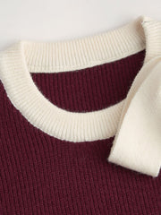 Knit Round Neckline Contrasting Binding Bowknot Long Sleeve Top