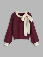 Knit Round Neckline Contrasting Binding Bowknot Long Sleeve Top